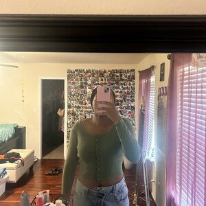 Green Cropped Cardigan Sweater
